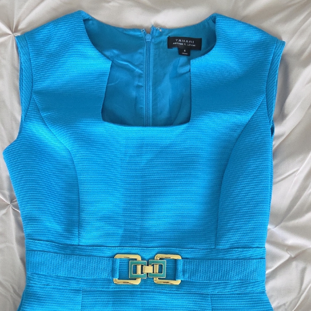Tahari Blue Dress with Gold Accents